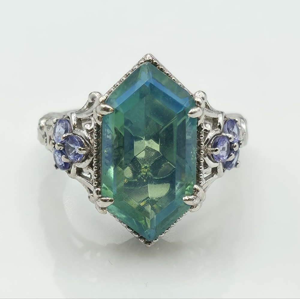 Host Pick Designer Signed Genuine Peacock Quartz And Tanzanite Hexagon Ring